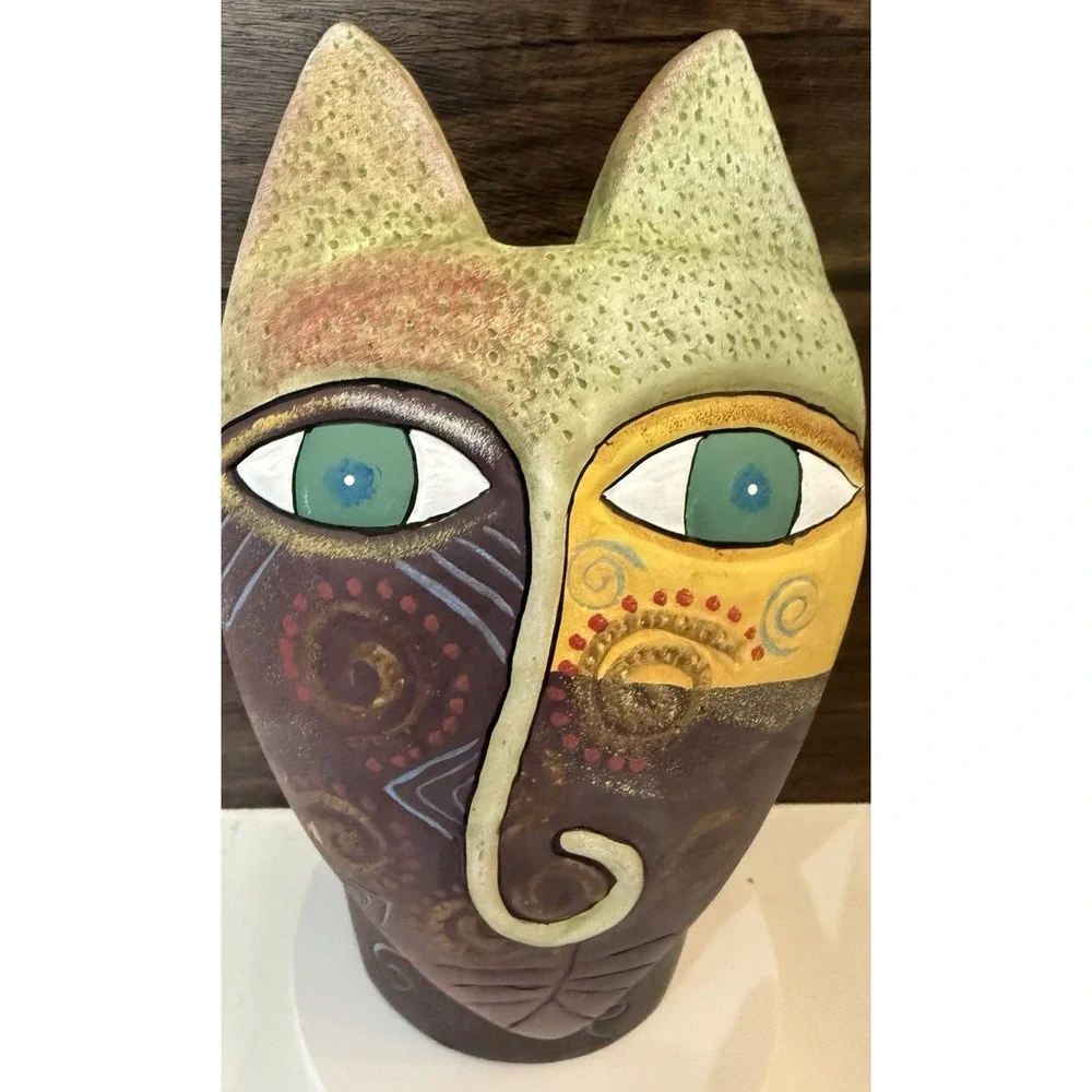Penco Industries Colorful Ceramic‎ Art Pottery Cat Tribal Vase